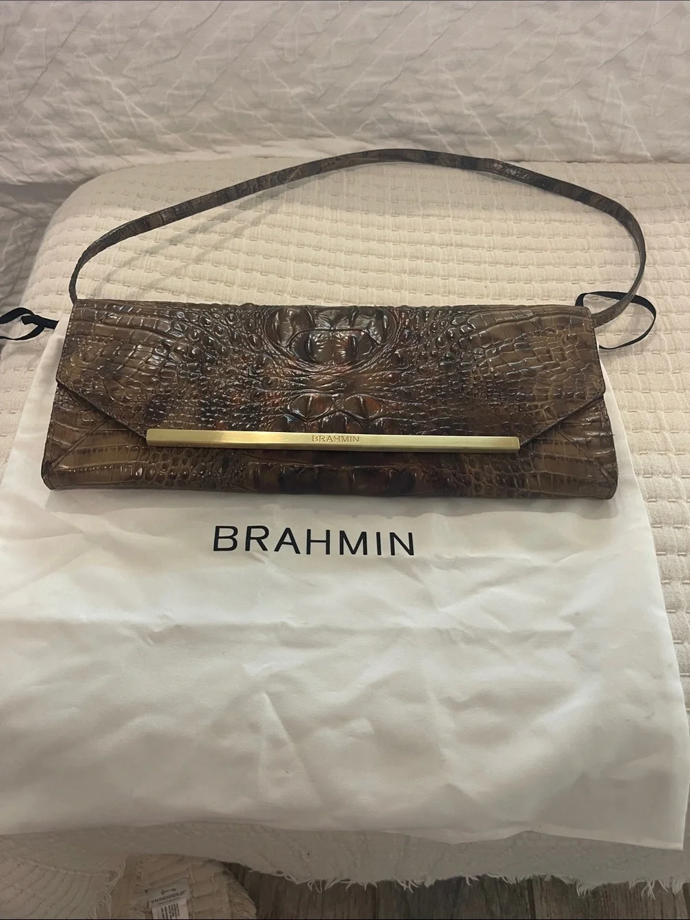 Brahmin Brown Croc-Embossed Leather Clutch with Gold Bar